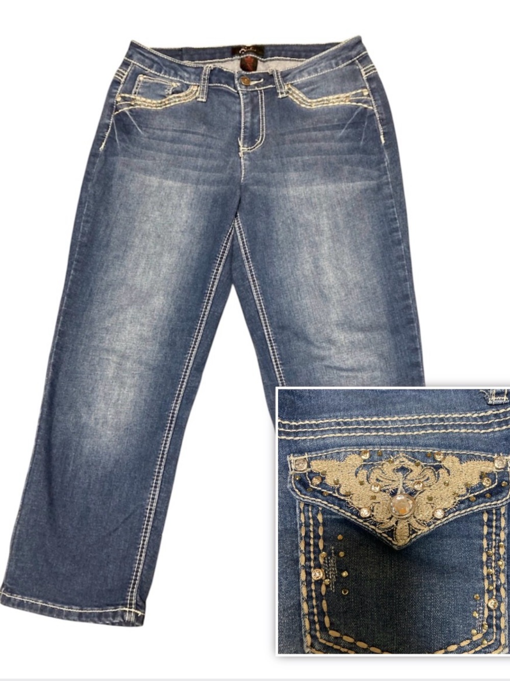 Earl Jeans Stretch Denim Capris w/Embellished Pockets, size 8